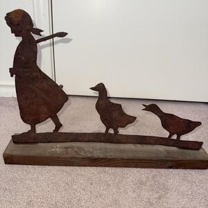 Wood and Metal Little Girl and Ducks Display On Shelf, In The Garden
